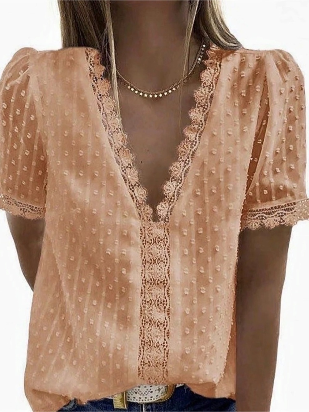 Textured Lace Trim Blouse in Brown Size XL Like New